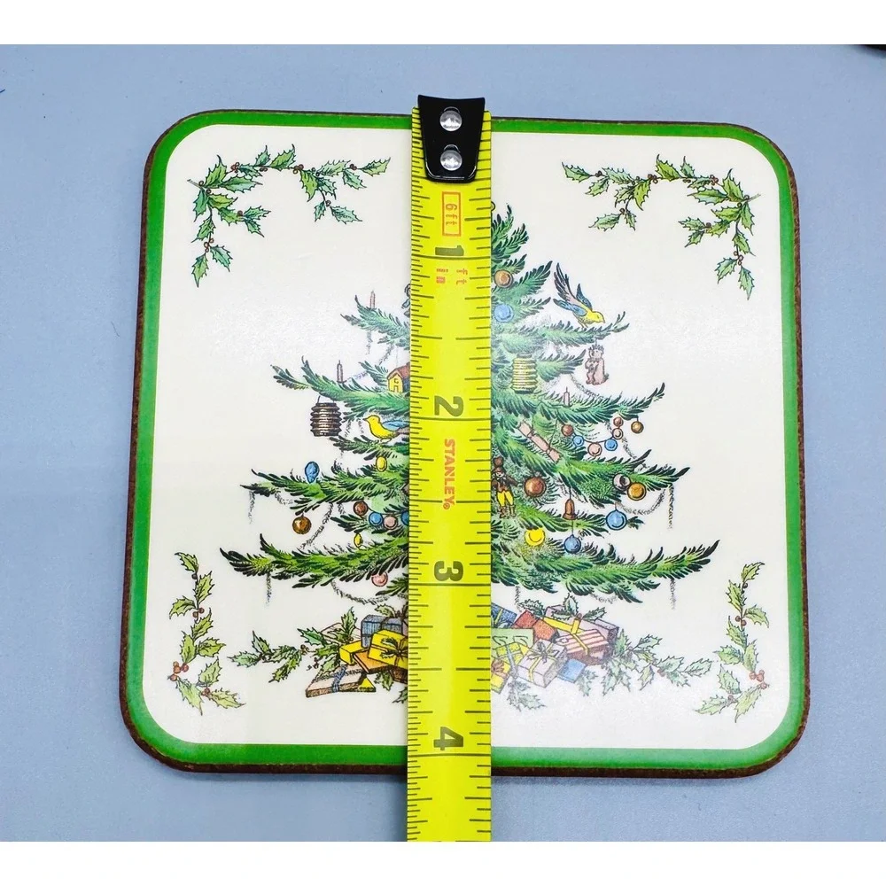 Spode Christmas Tree Coaster Cork Backed Set of 6 Green Trim Box England Vintage